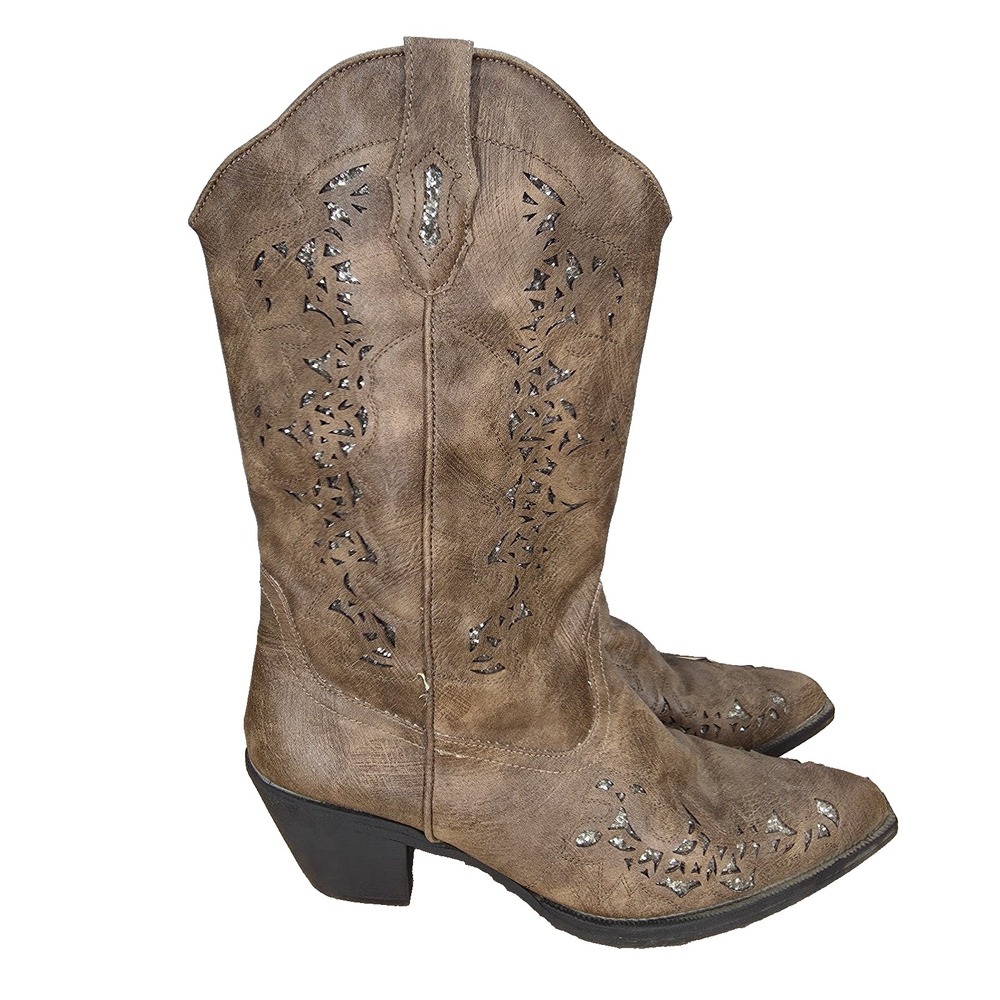 Roper Alisa Western Boots Women 8.5 Brown Faux Leather Glitter Snip Toe Cowgirl